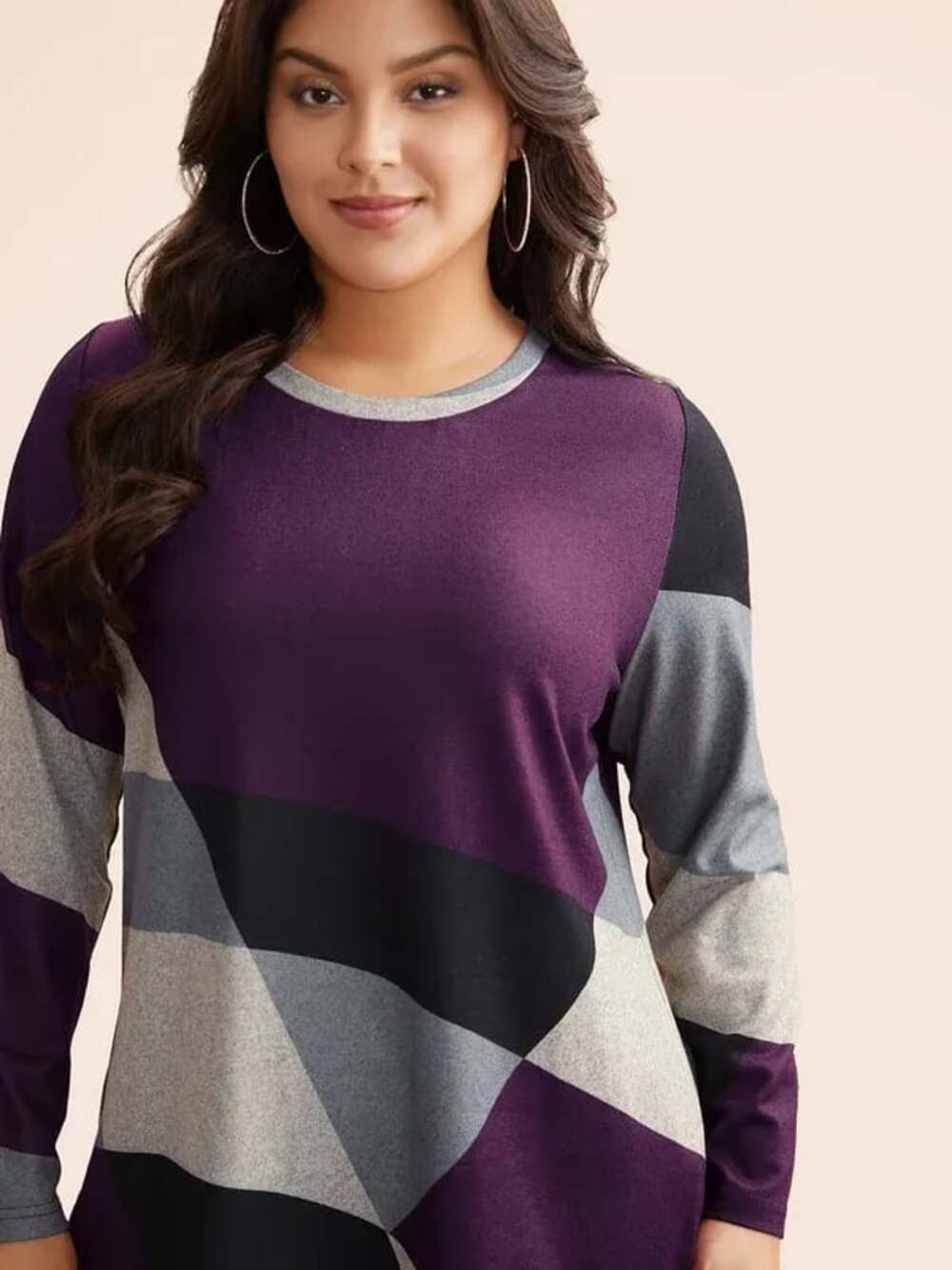Plus Size 6X 30 BloomChic Crew Neck Geometric Patchwork Sweatshirt in Purple
